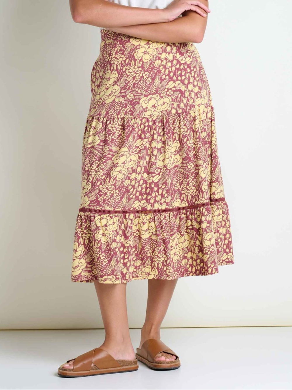 Toad & Co Marigold Tiered Midi Skirt Large Purple Agate Garden Print